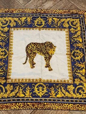 Silk Leopard Print Square Scarf in Gold & Navy - Branded